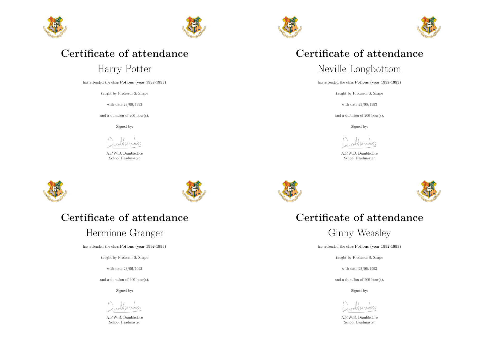 Attendance certificates