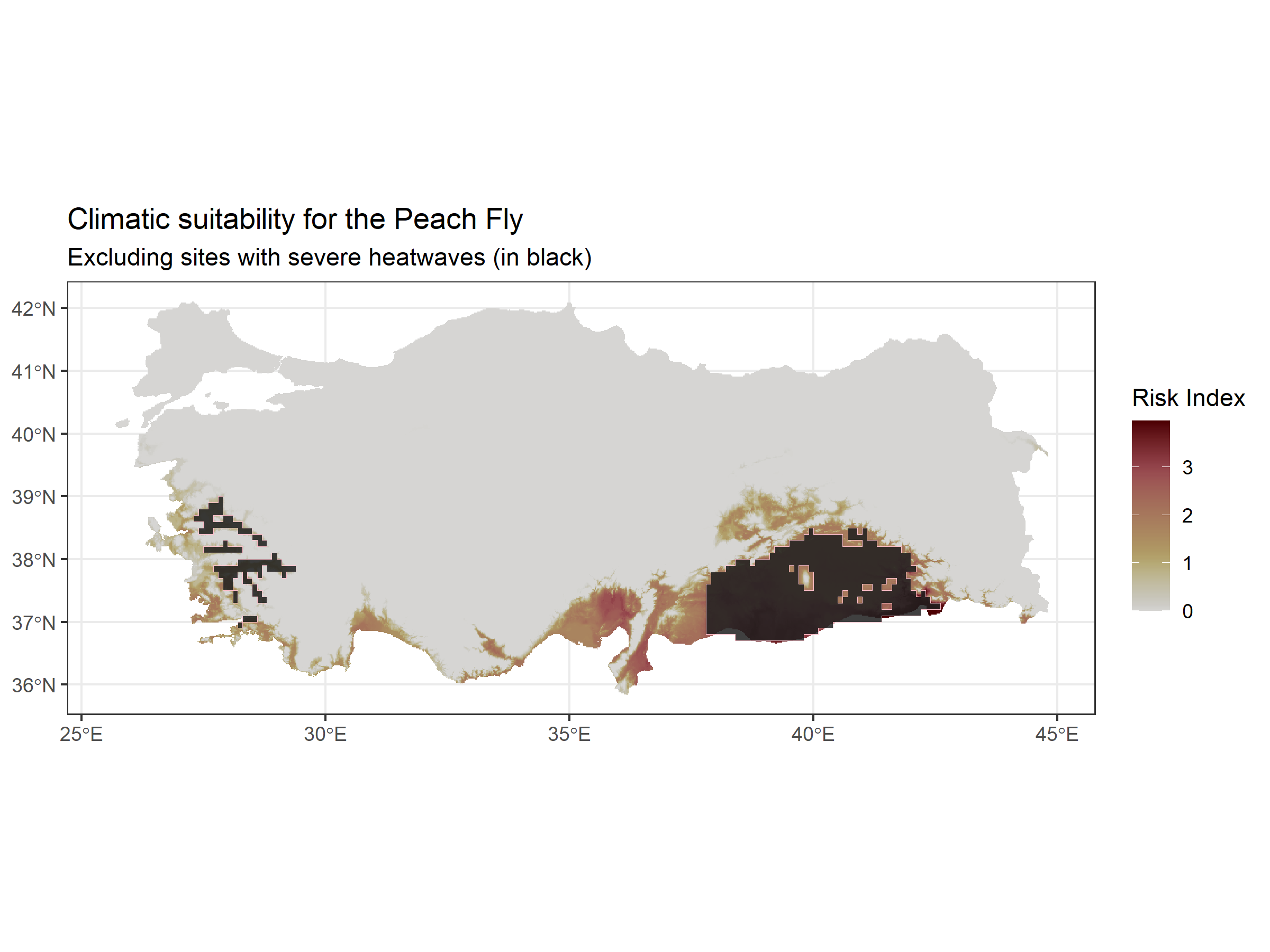 Thermal Suitability map for Bactrocera zonata in Turkey (brown color scale) overlapped by the pixels having heat-stressing temperatures for the fly (in black).