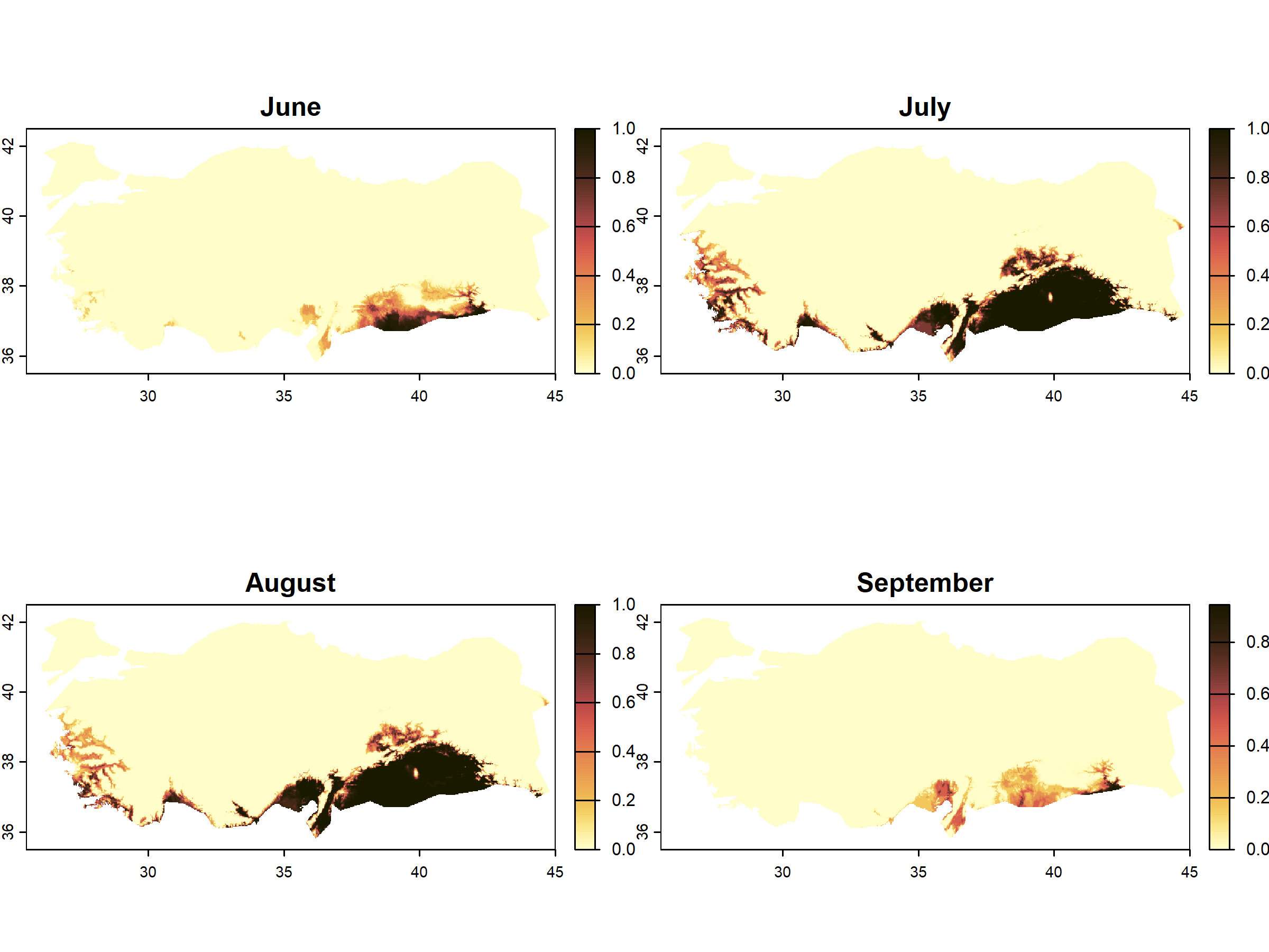 Maps showing the probability of each pixel to have highly suitable monthly temperatures for development of Bactrocera zonata larvae at each summer month.