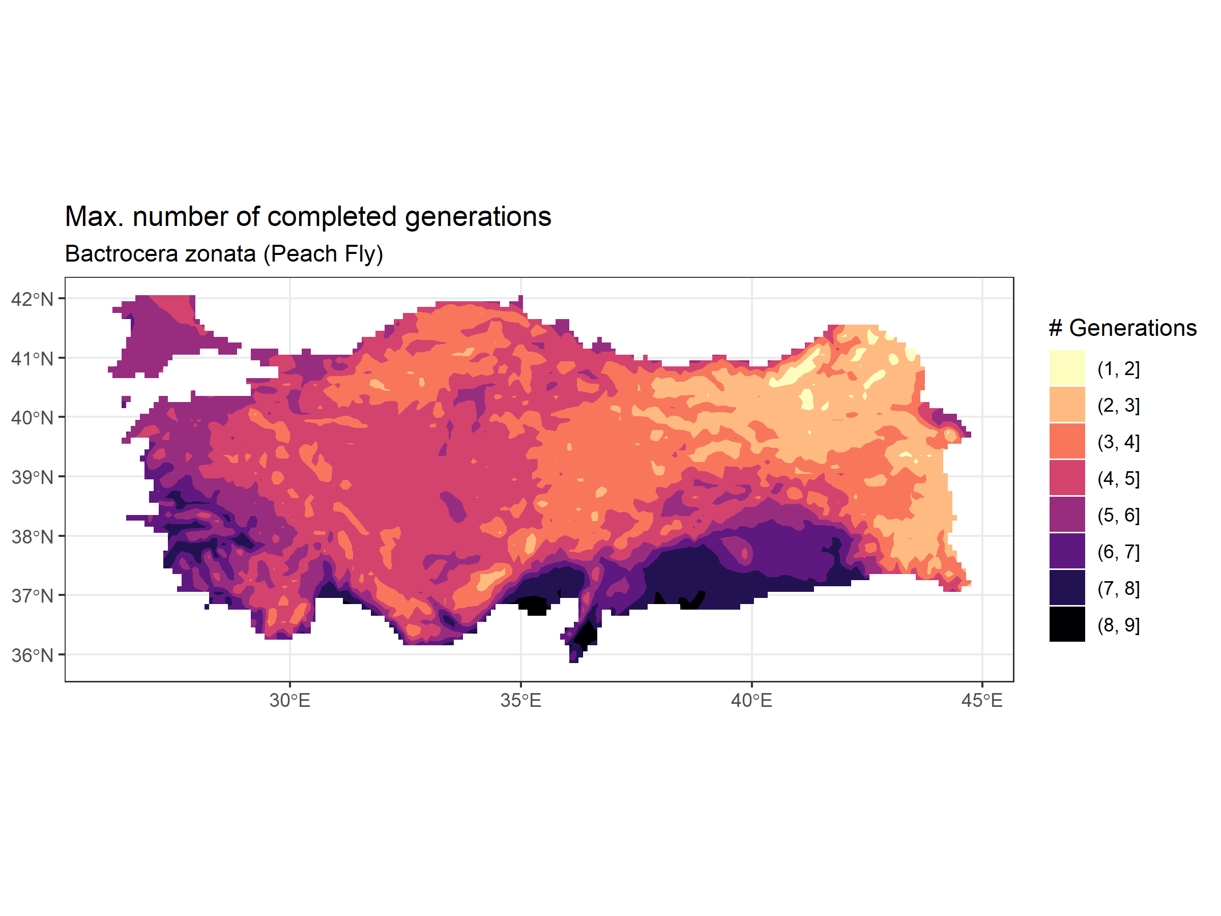 Map showing voltinism (i.e., number of completed generations within a year) based on rate summation under nonlinear TPC models to Bactrocera zonata development rate data for its complete life cycle.
